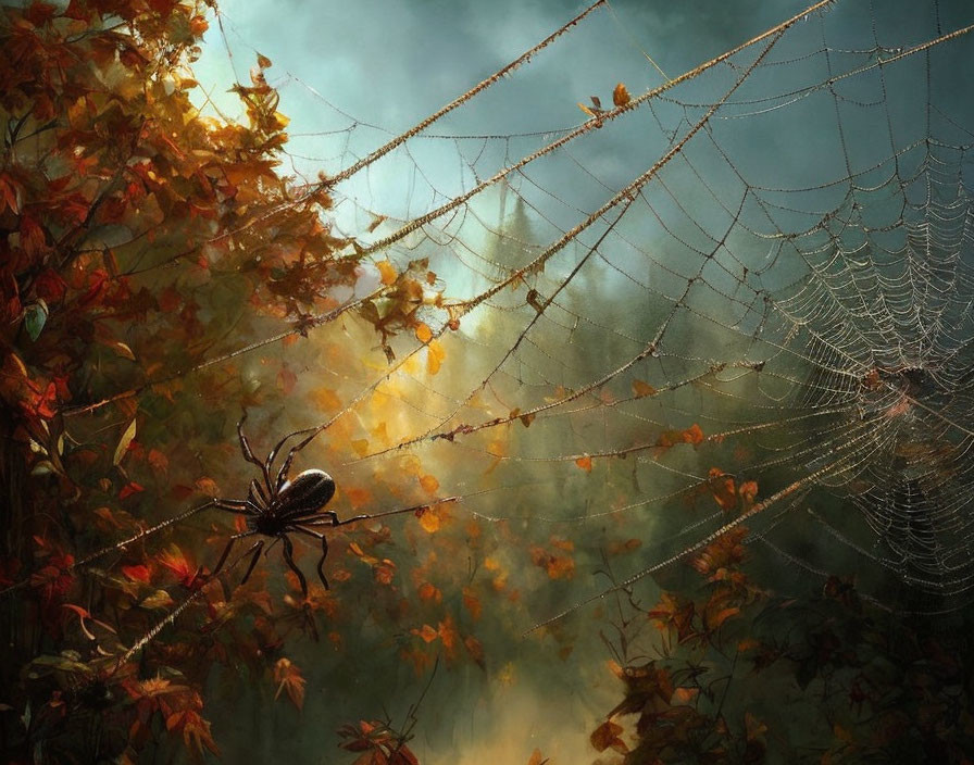 Spider on intricate web in autumn leaves with misty sunlit backdrop