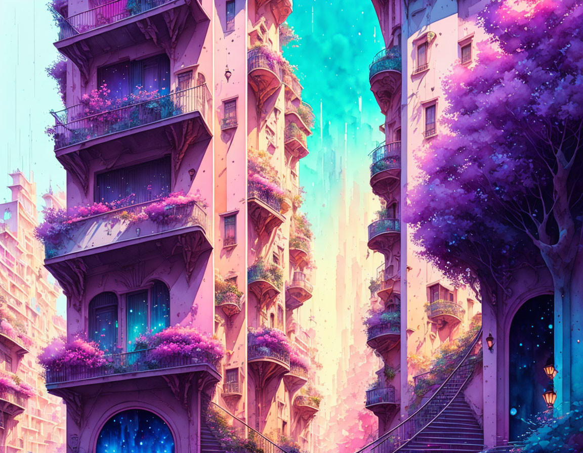 Whimsical multistoried buildings with lush greenery and vibrant purple blossoms in a sunset-t