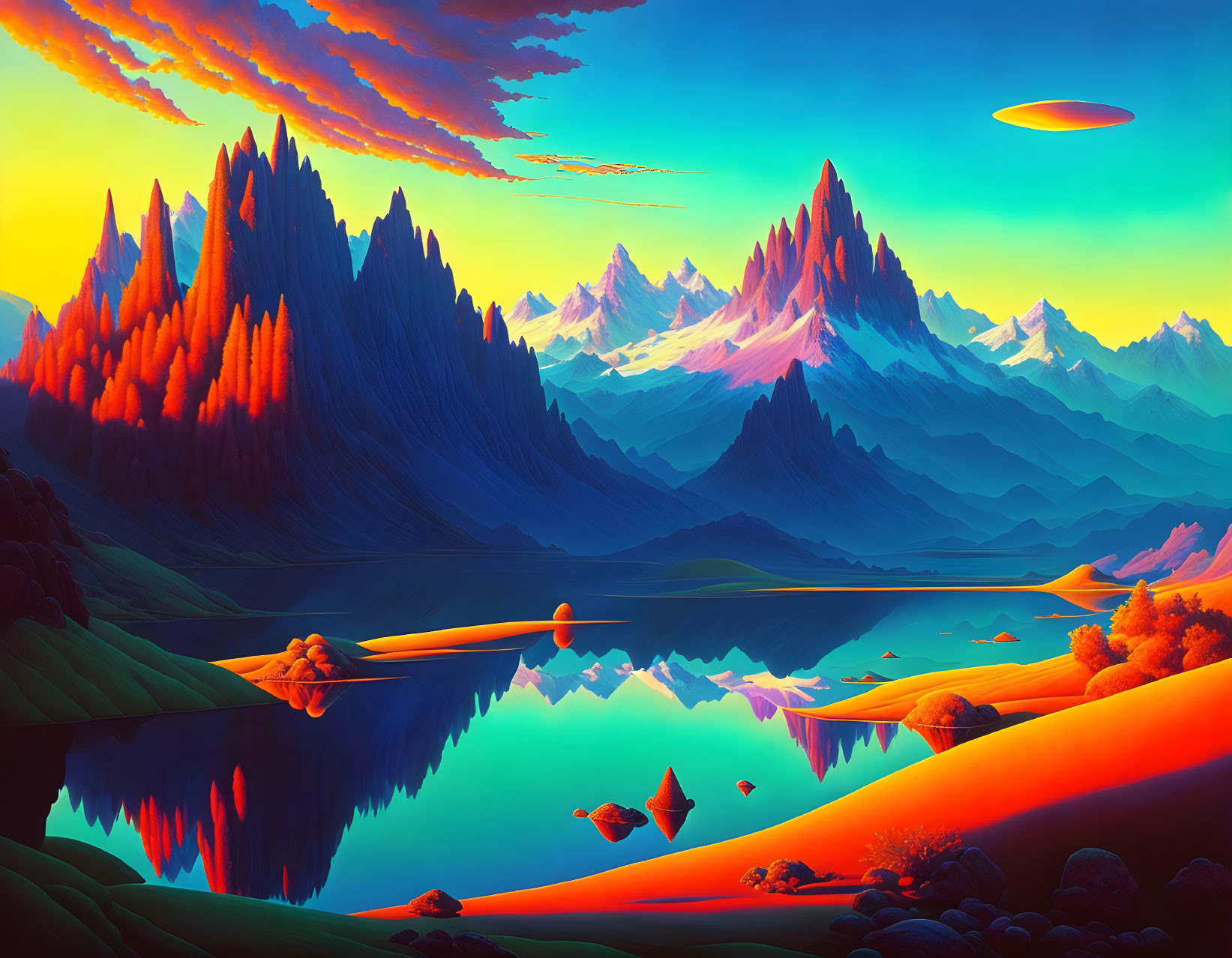 Surreal landscape with sharp mountains, reflective lake, vivid colors, UFO, dramatic sky