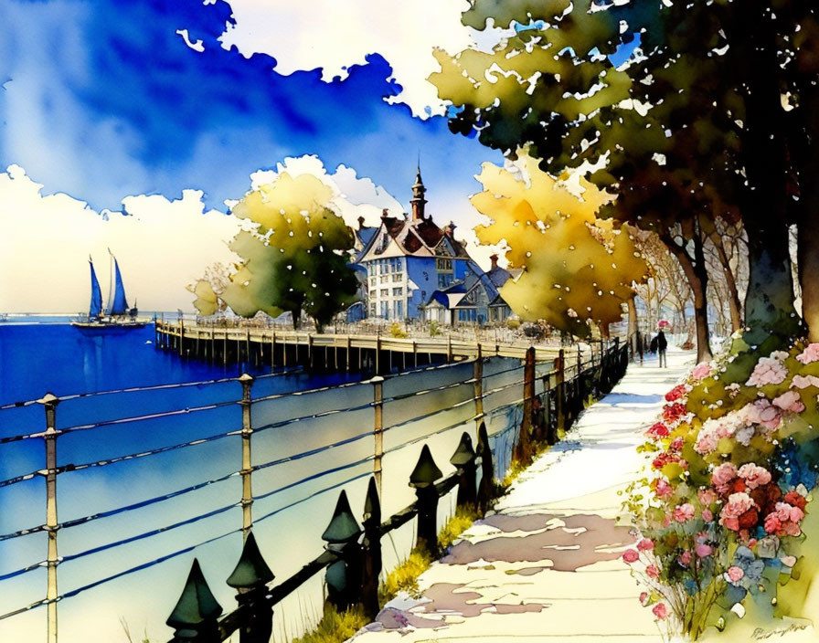 Vibrant watercolor: Seaside promenade with flowers, trees, figure, house, sail