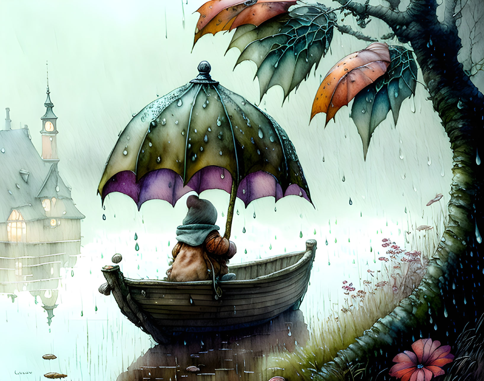 Person sitting under colorful umbrella in boat under rain with large leaves and quaint town.