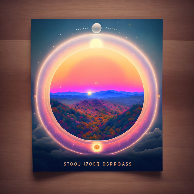 Vibrant circular landscape poster with surreal sunset over mountains