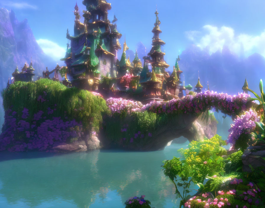 Majestic flowering tree city in ethereal fantasy landscape