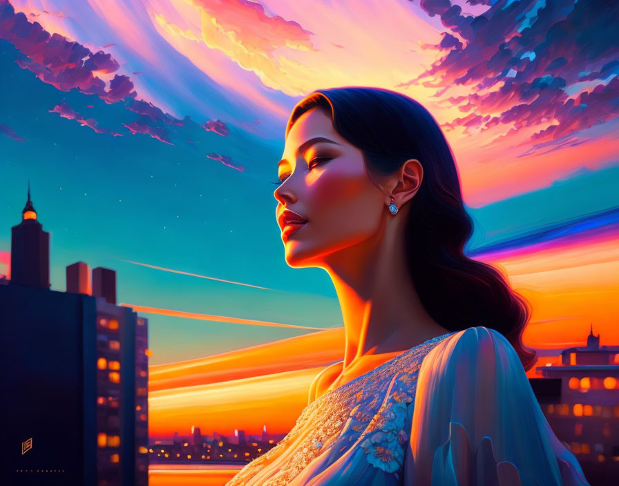 Profile of Woman in Elegant Attire Against Vibrant Sunset Cityscape