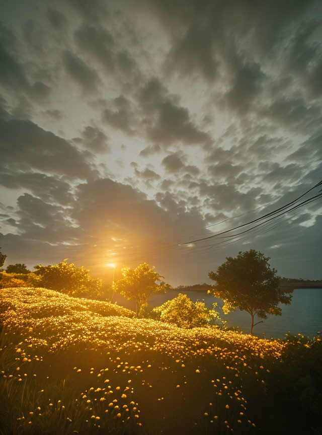 Vibrant sunset scene with sun, flowers, clouds, and lake