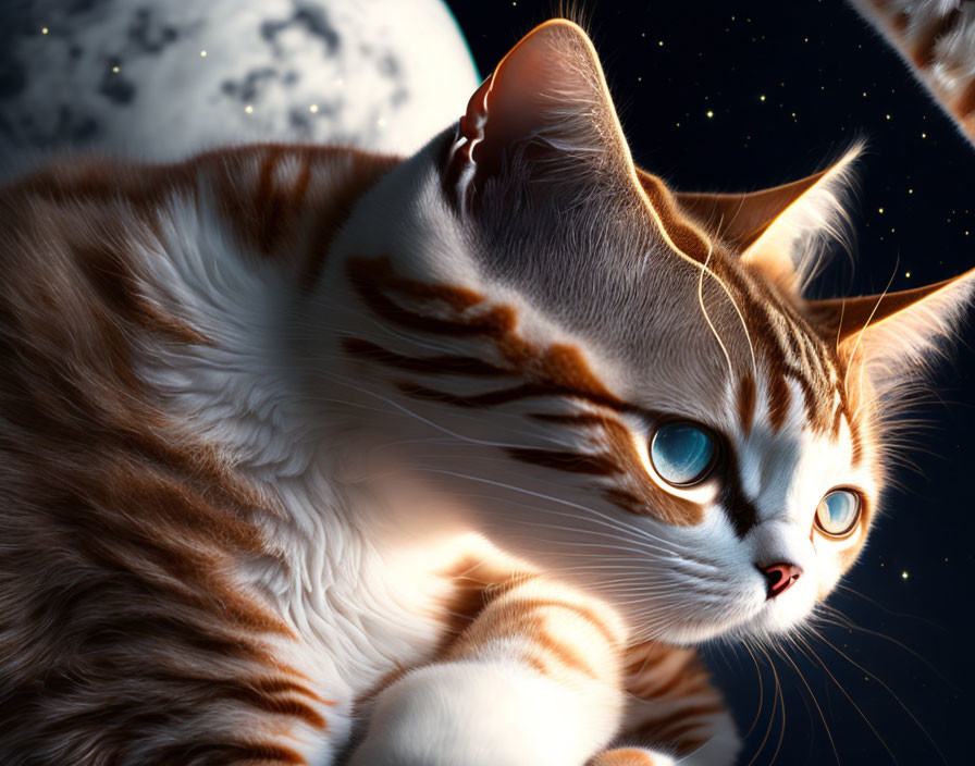 Orange and White Tabby Cat with Blue Eyes in Space with Moon