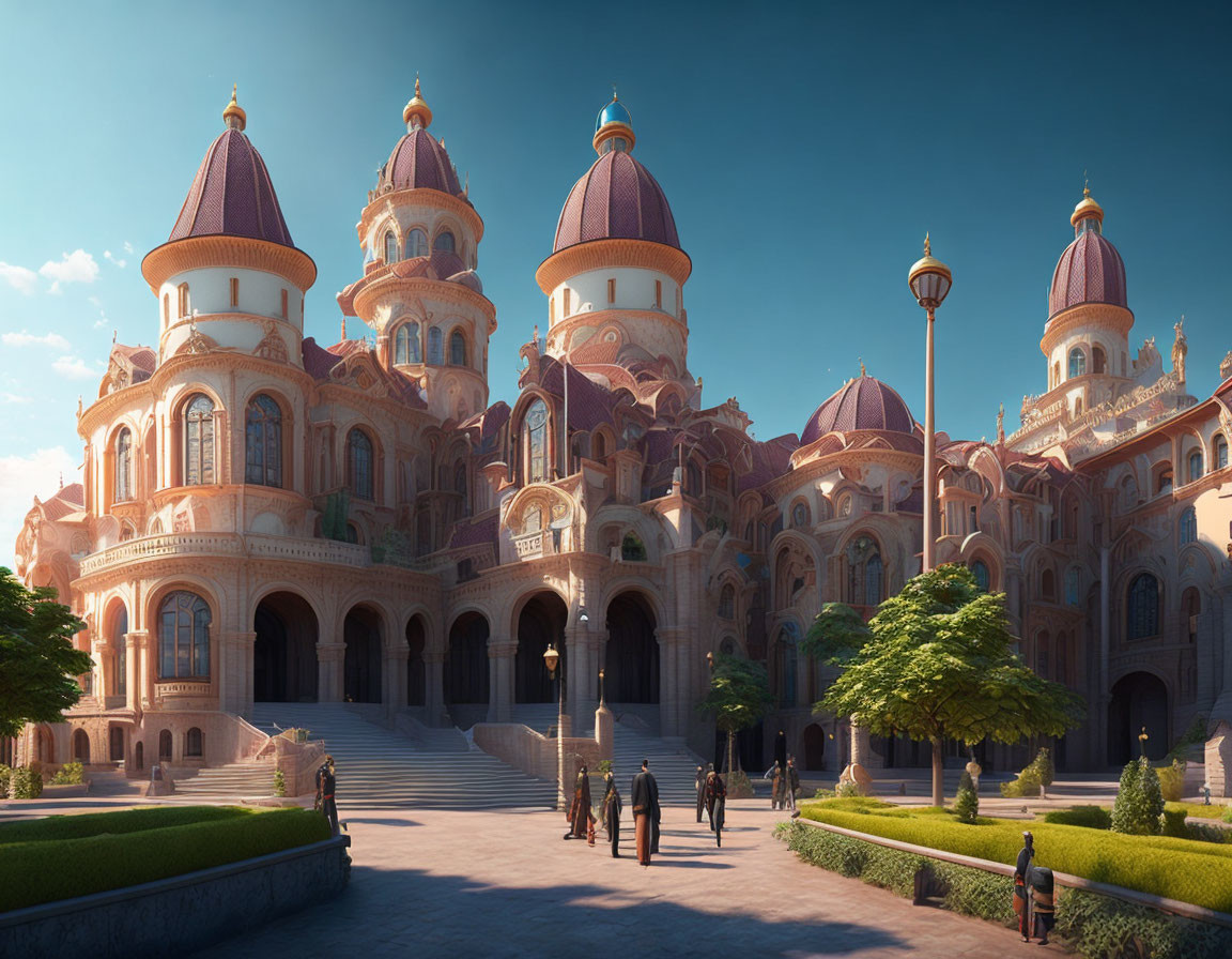 Fantasy palace with pink and cream domes under a clear sky