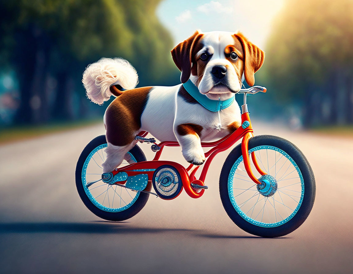 Brown and White Dog Riding Bicycle Down Sunlit Road