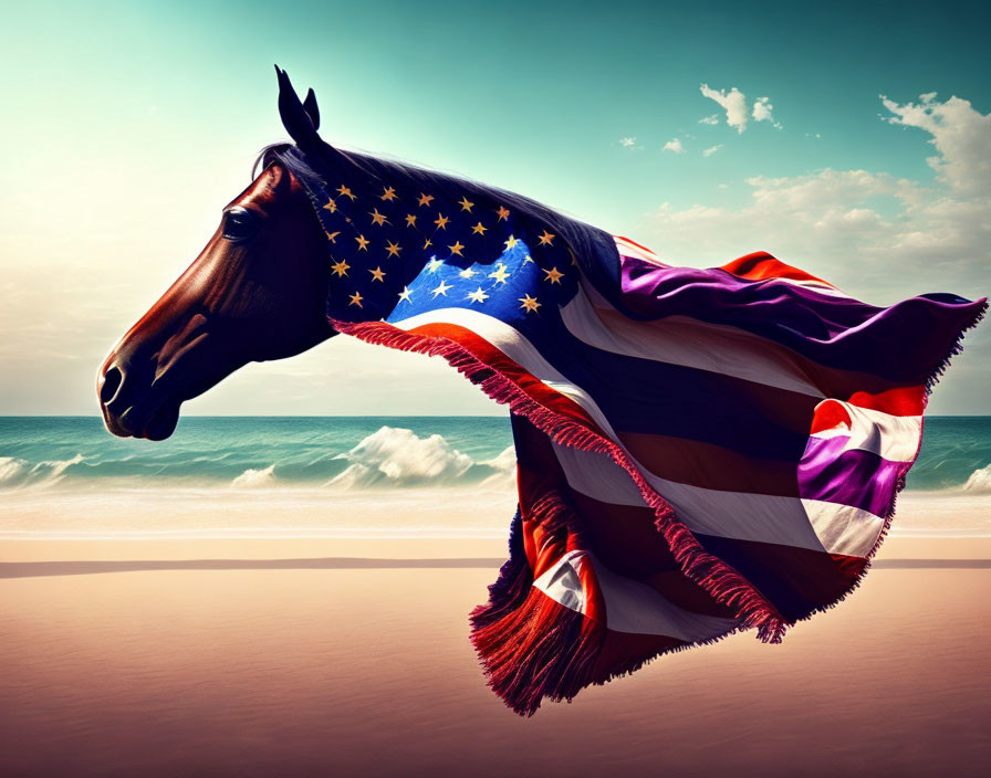 Majestic horse with flowing mane in American flag by tranquil beach