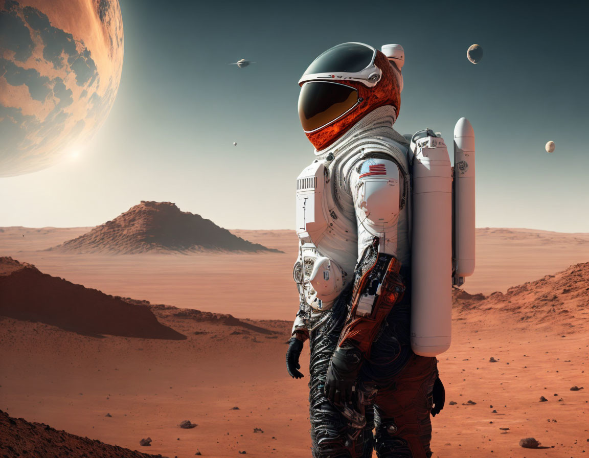 Astronaut on Mars with jetpack, gazing at mountain under moonlit sky