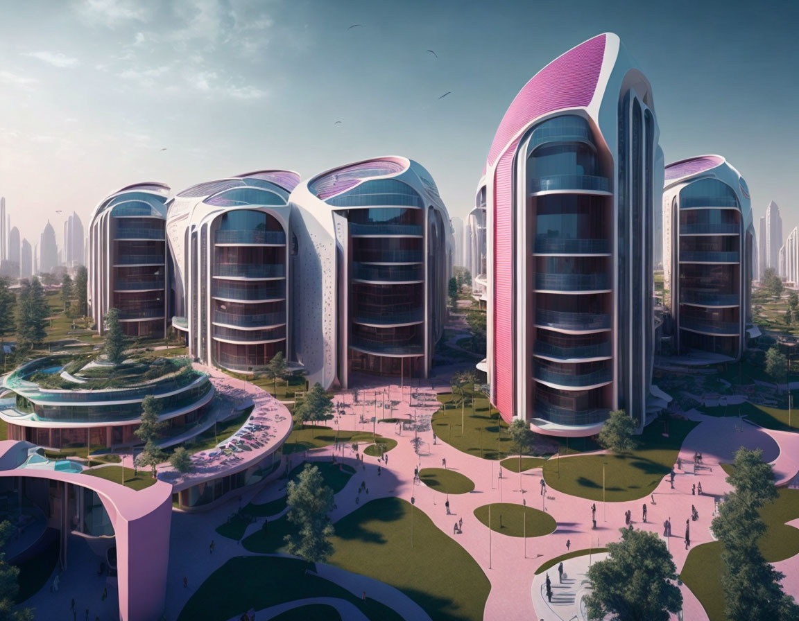 Curved pink and white buildings connected by sky bridges in lush urban setting