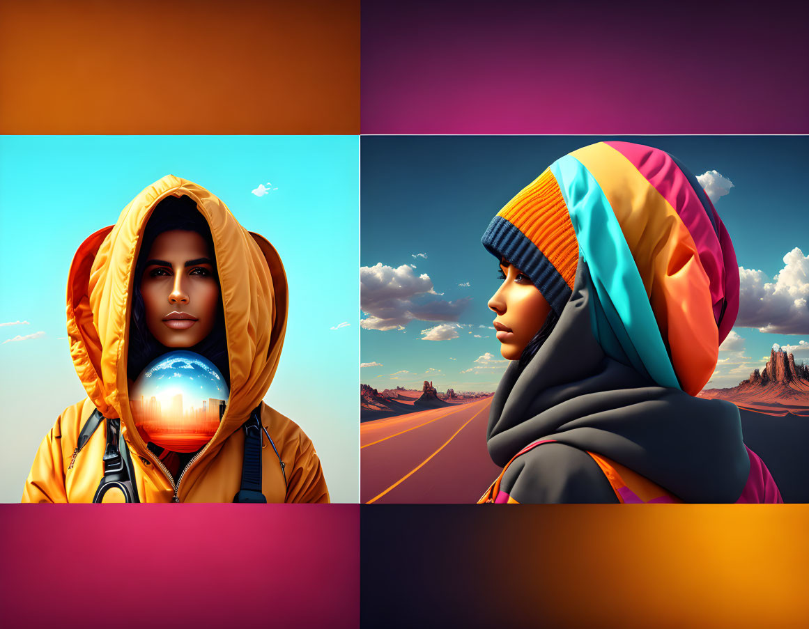 Digital art portrait with colorful jacket and headwear against vivid desert backgrounds