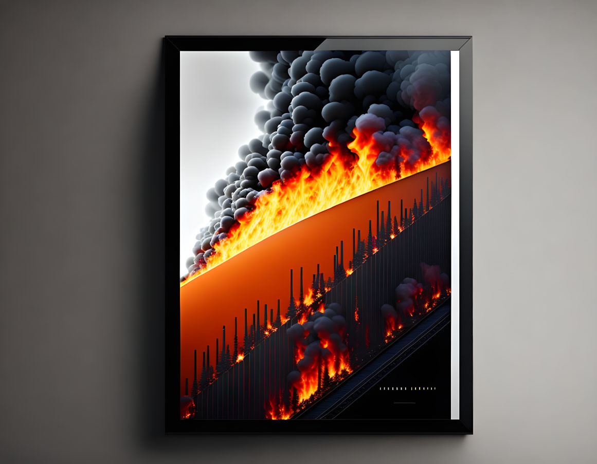 Framed digital artwork: Surreal scene of dark clouds and fire engulfing a patterned structure