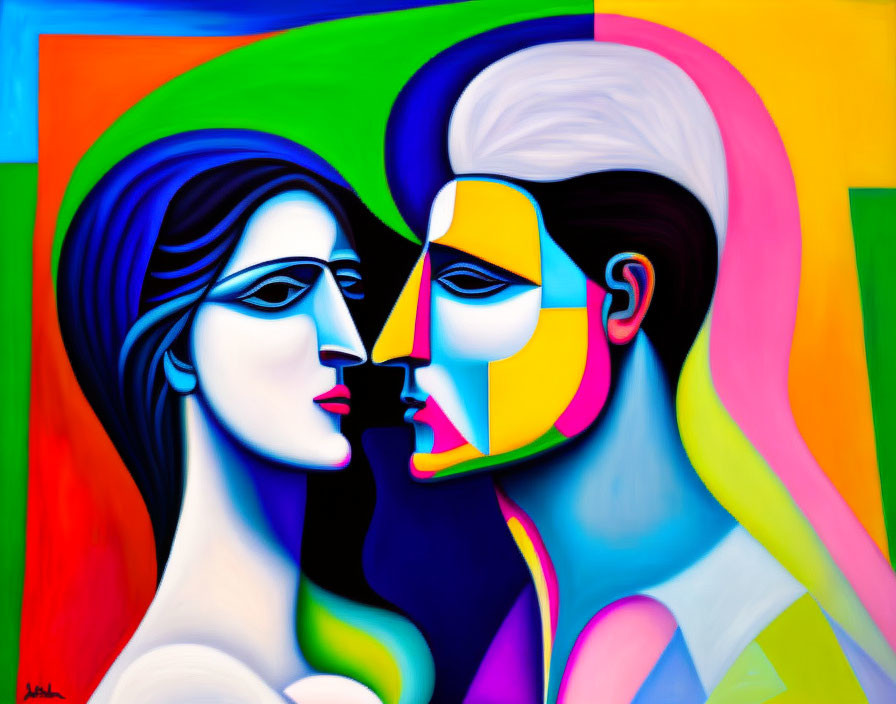 Vibrant Cubist-style Man and Woman Profiles in Colorful Geometric Shapes