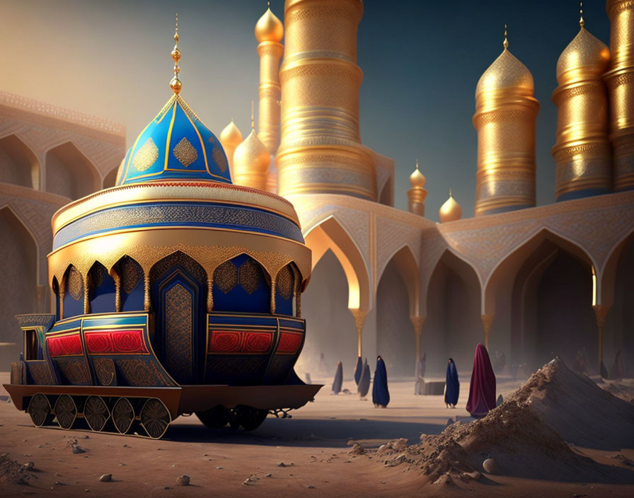 Fantastical Arabian-themed digital artwork with dome-shaped vehicle and traditional attire.