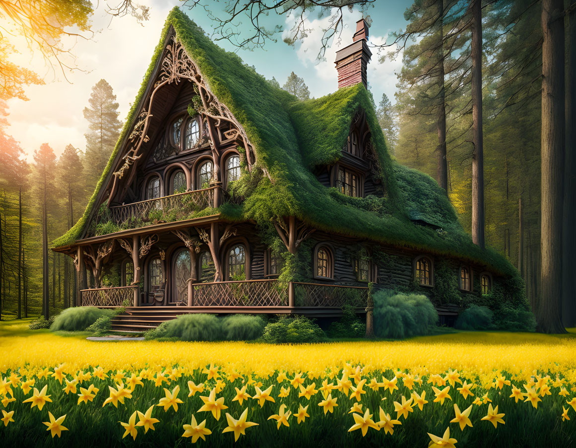 Greenery-covered cottage in forest clearing with yellow flowers under sunlit sky