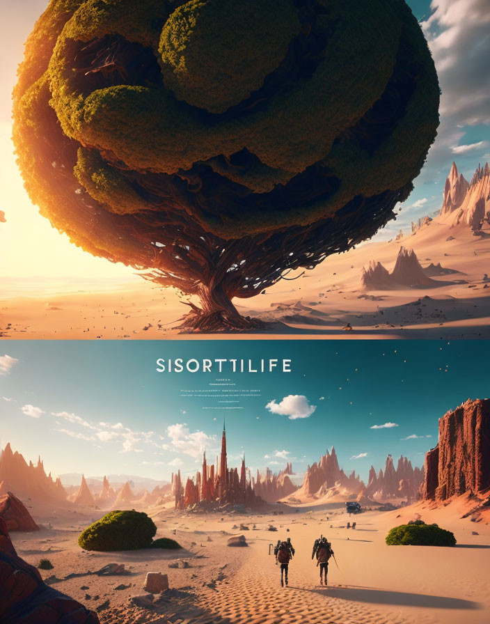 Fantastical landscape with spherical tree, desert, figures on horseback, and towering spires.