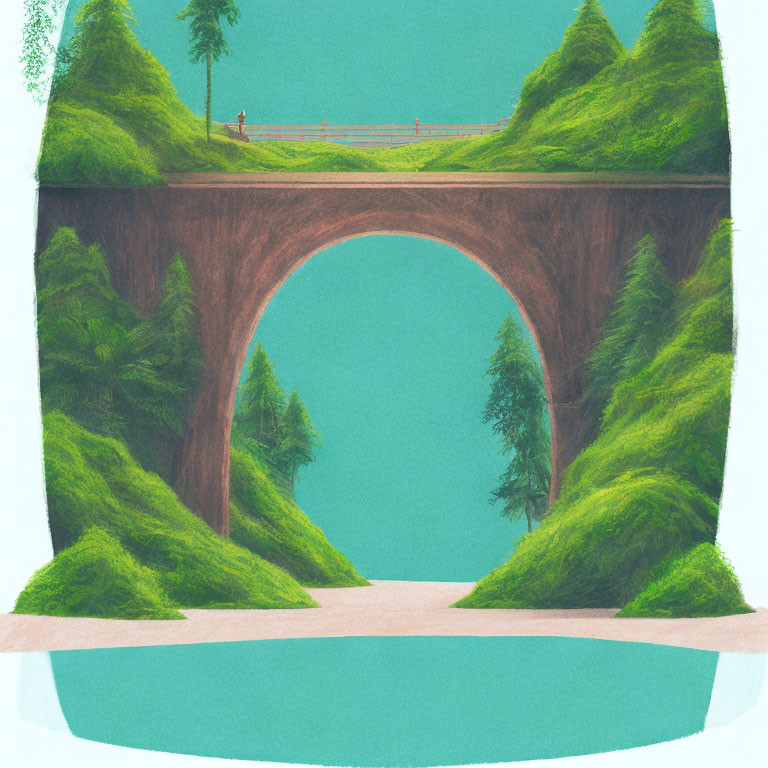 Arched bridge illustration in lush greenery with person overlooking blue water