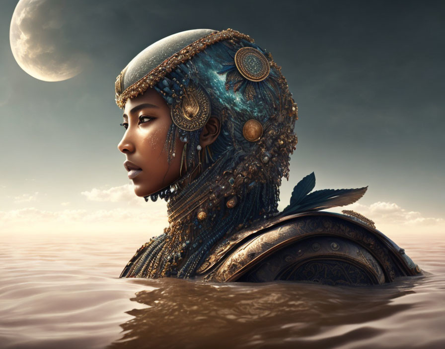 Woman in ornate headgear and armor emerges from water under moonlit sky