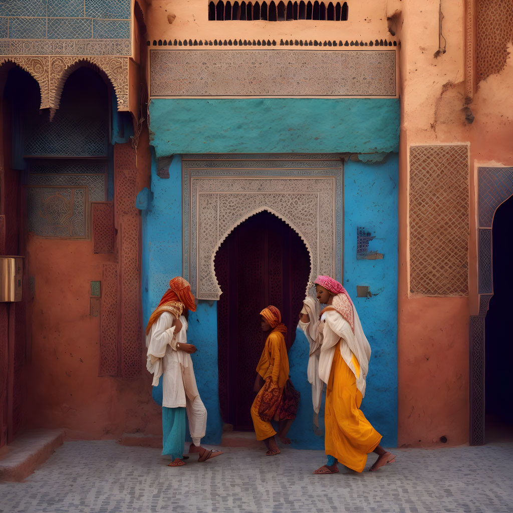Three people in traditional attire near ornate blue doorway in architecturally detailed alleyway