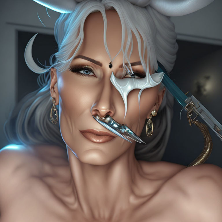 Stylized illustration of woman with horns and futuristic monocle