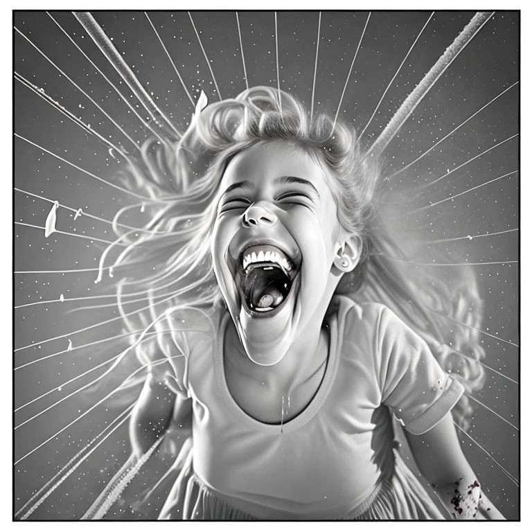 Monochrome illustration of laughing girl with swirling hair and particles