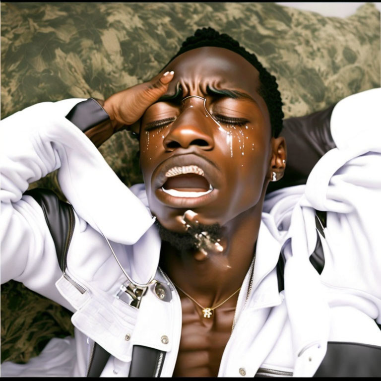 Man in White Jacket with Closed Eyes and Glitter on Face Showing Distress or Contemplation