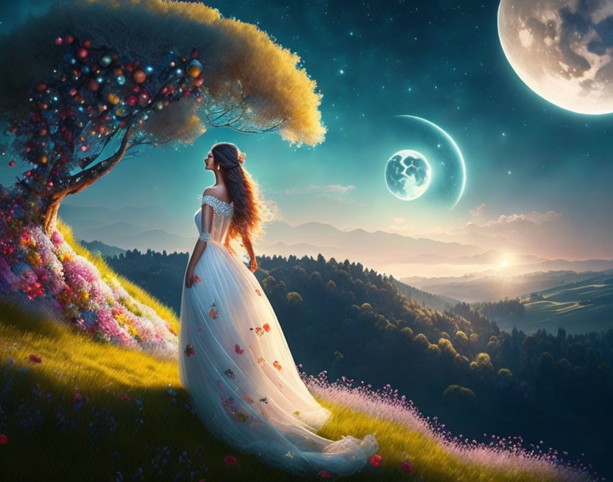 Woman in white floral dress in vibrant twilight landscape with two moons.