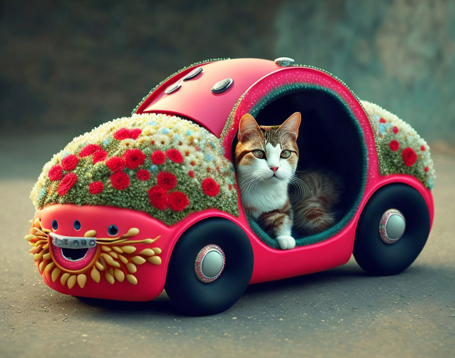 Cat lounges in whimsical car-shaped bed with flower decorations