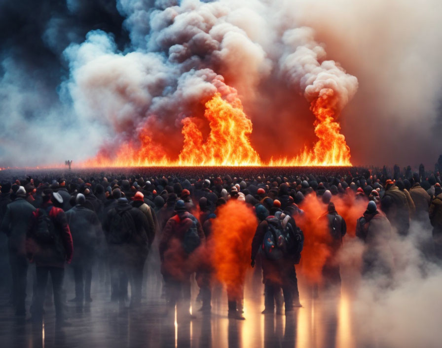 Crowd watches dramatic scene of billowing smoke and intense flames