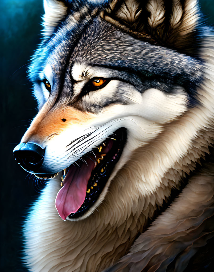 Vivid Snarling Wolf Portrait with Orange-Yellow Eyes