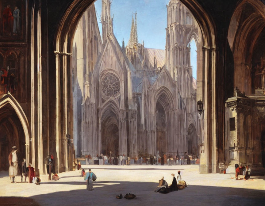 Sunlit Cathedral Courtyard with Period-Clothed Figures