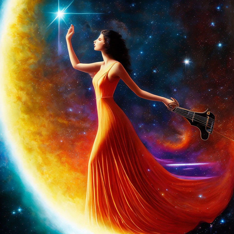 Woman in flowing orange dress with guitar against cosmic backdrop