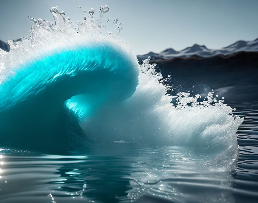 Blue Wave Cresting with Droplets Against Mountainous Backdrop