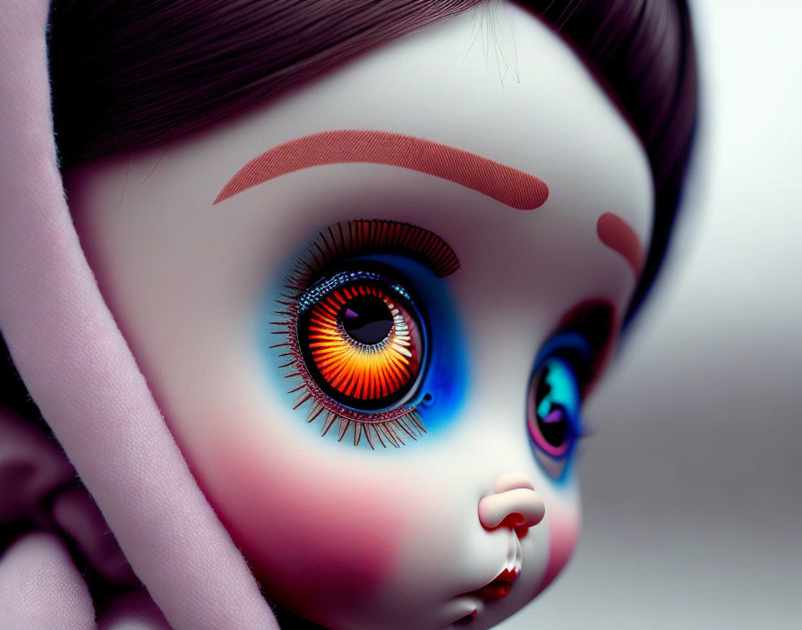 Detailed close-up of stylized doll with multicolored eyes and rosy cheeks