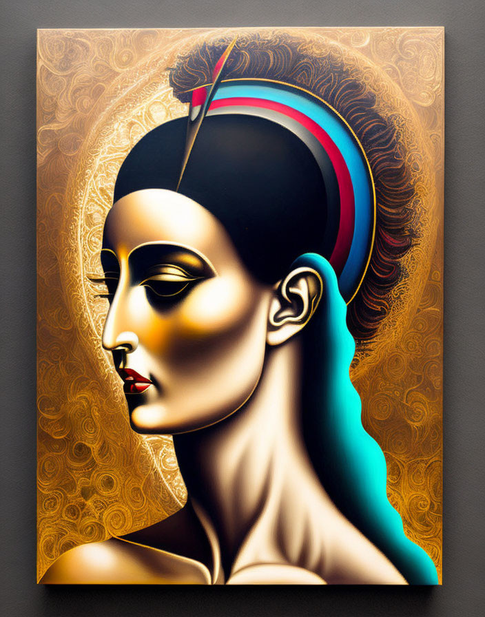 Profiled woman with sleek hairdo and red/blue headpiece on golden background