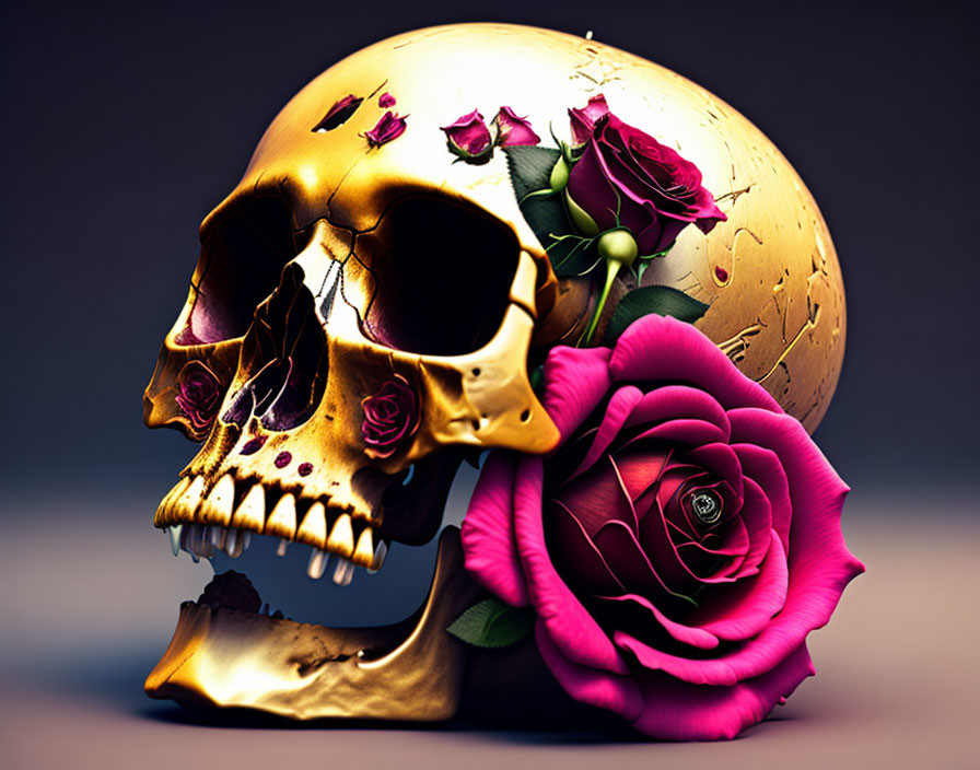 Golden human skull with vibrant rose adornment in digital art