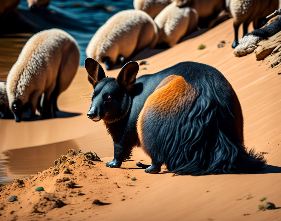 Glossy Black and Orange Anteater with Prominent Ears and Bushy Tail on Sandy