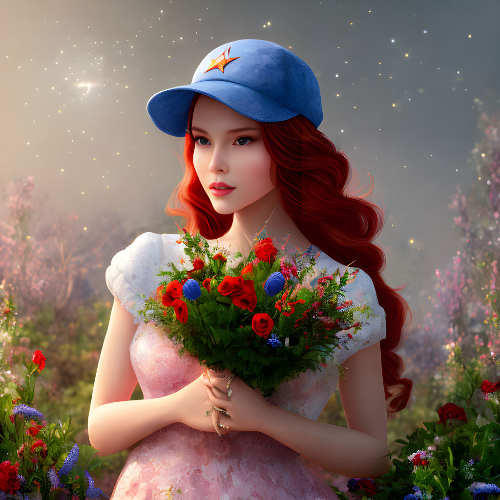 Digital illustration: Red-haired woman with blue cap holding flowers under starry sky