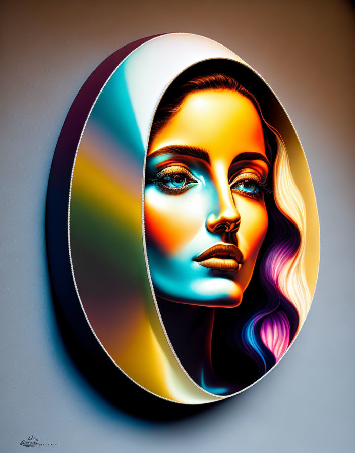 Colorful surreal portrait: Woman with blue eyes and rainbow hair.