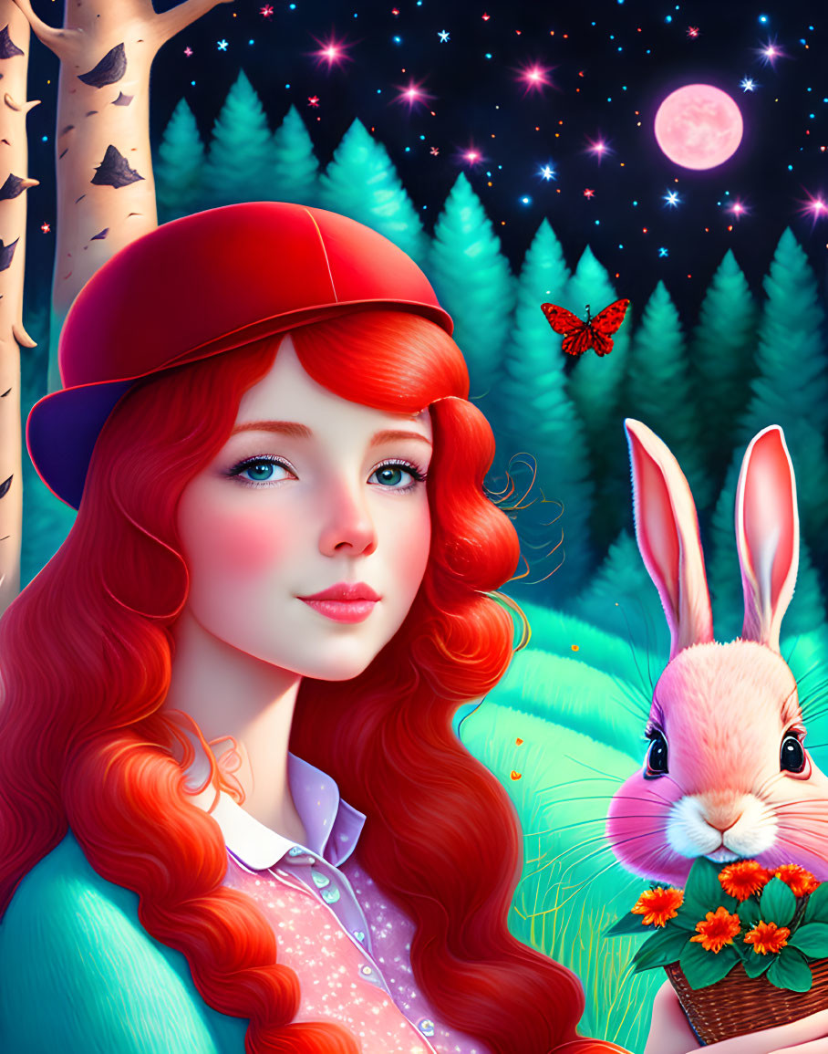 Red-haired girl in cap with pink butterfly, holding rabbit under starry sky among trees