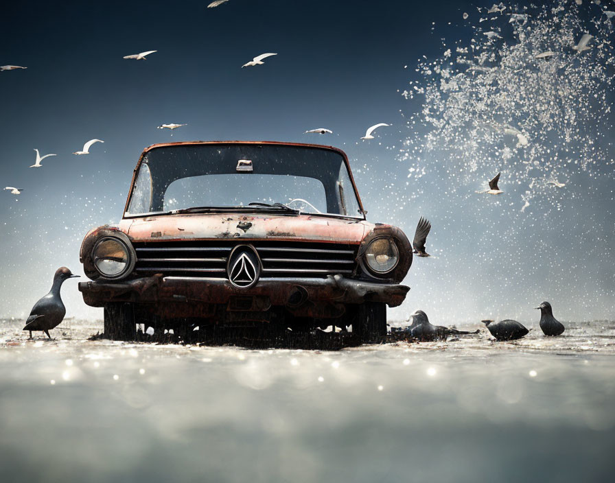 Rusty vintage car with Mercedes emblem, birds, and wet surface under cloudy sky