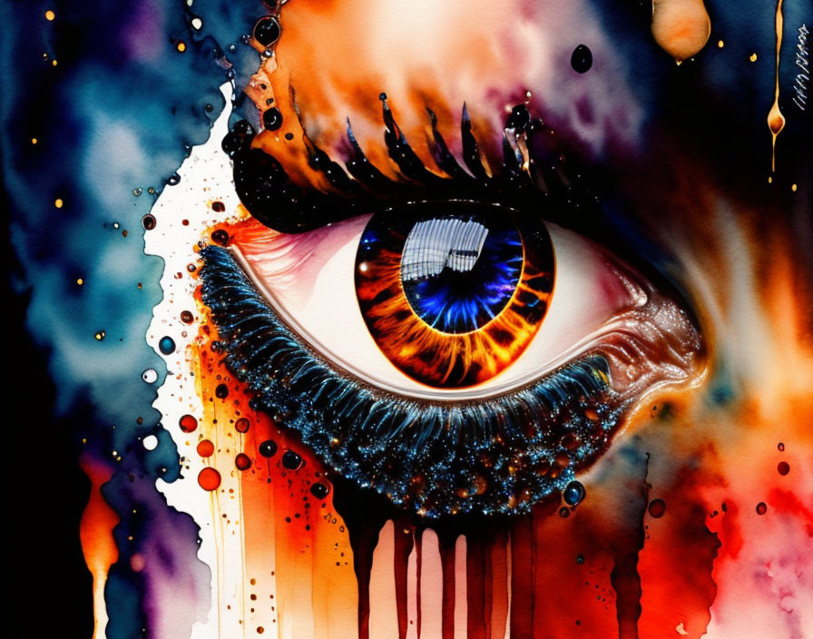 Vibrant Eye Artwork with Fiery and Watercolor Elements