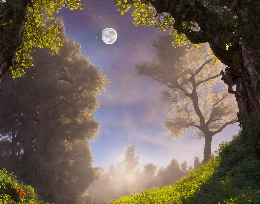 Twilight forest scene with towering trees, full moon, and misty rays