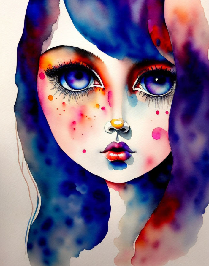 Vibrant watercolor painting of a stylized woman's face