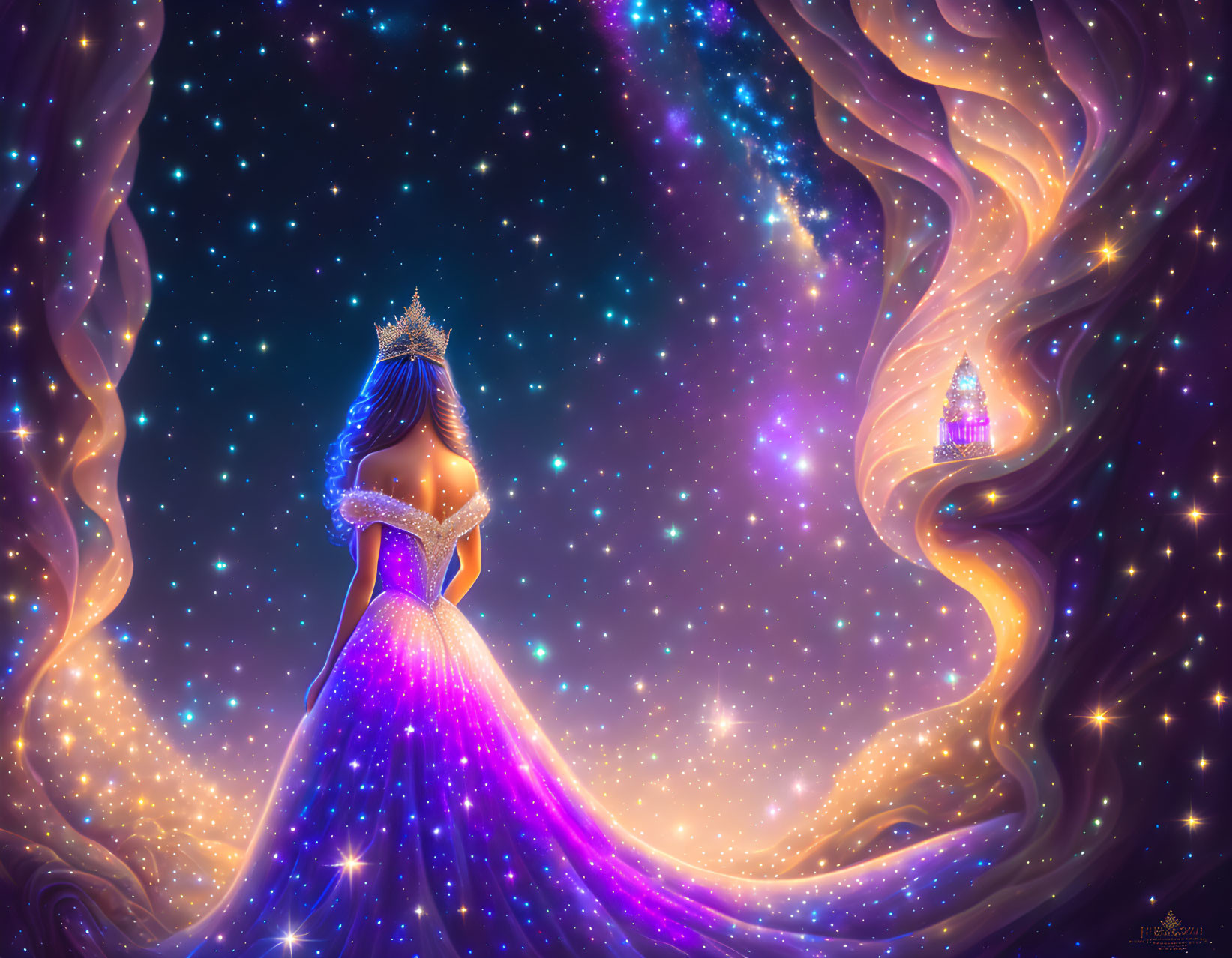 Digital artwork: Woman in purple dress with cosmic patterns