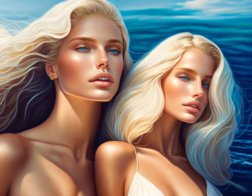 Blonde-haired women in digital art by the sea