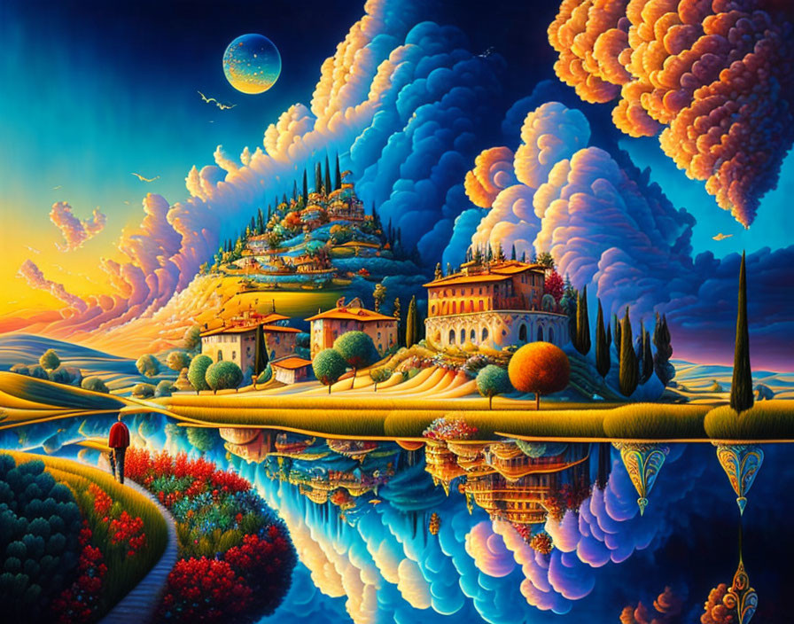 Colorful surreal landscape with castle under starry sky