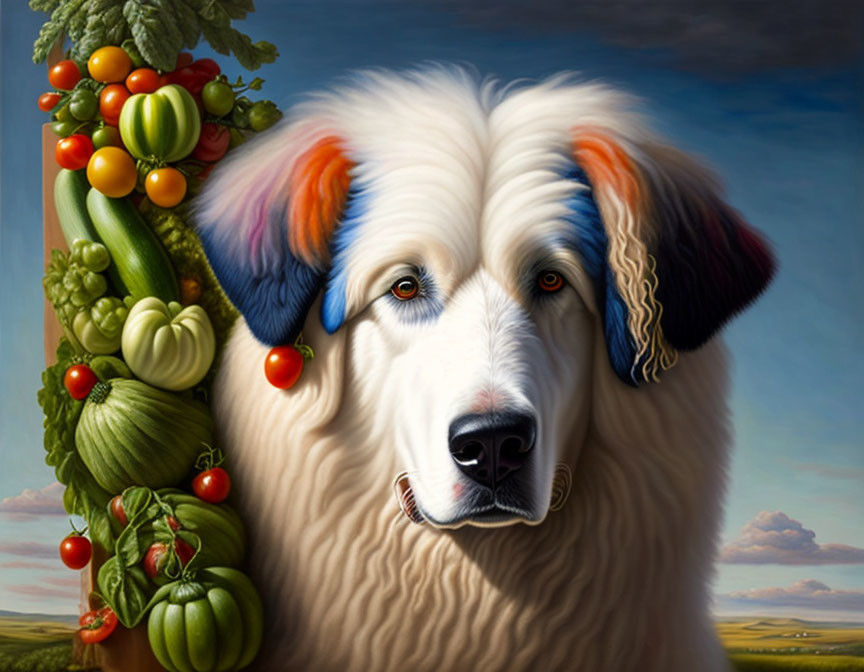 Surreal artistic depiction of fluffy dog with vegetables and fruits in fur