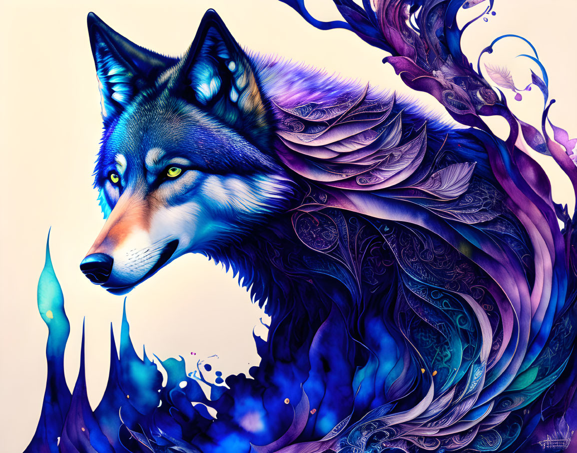 Colorful Wolf Illustration with Intricate Plumage in Blue and Purple